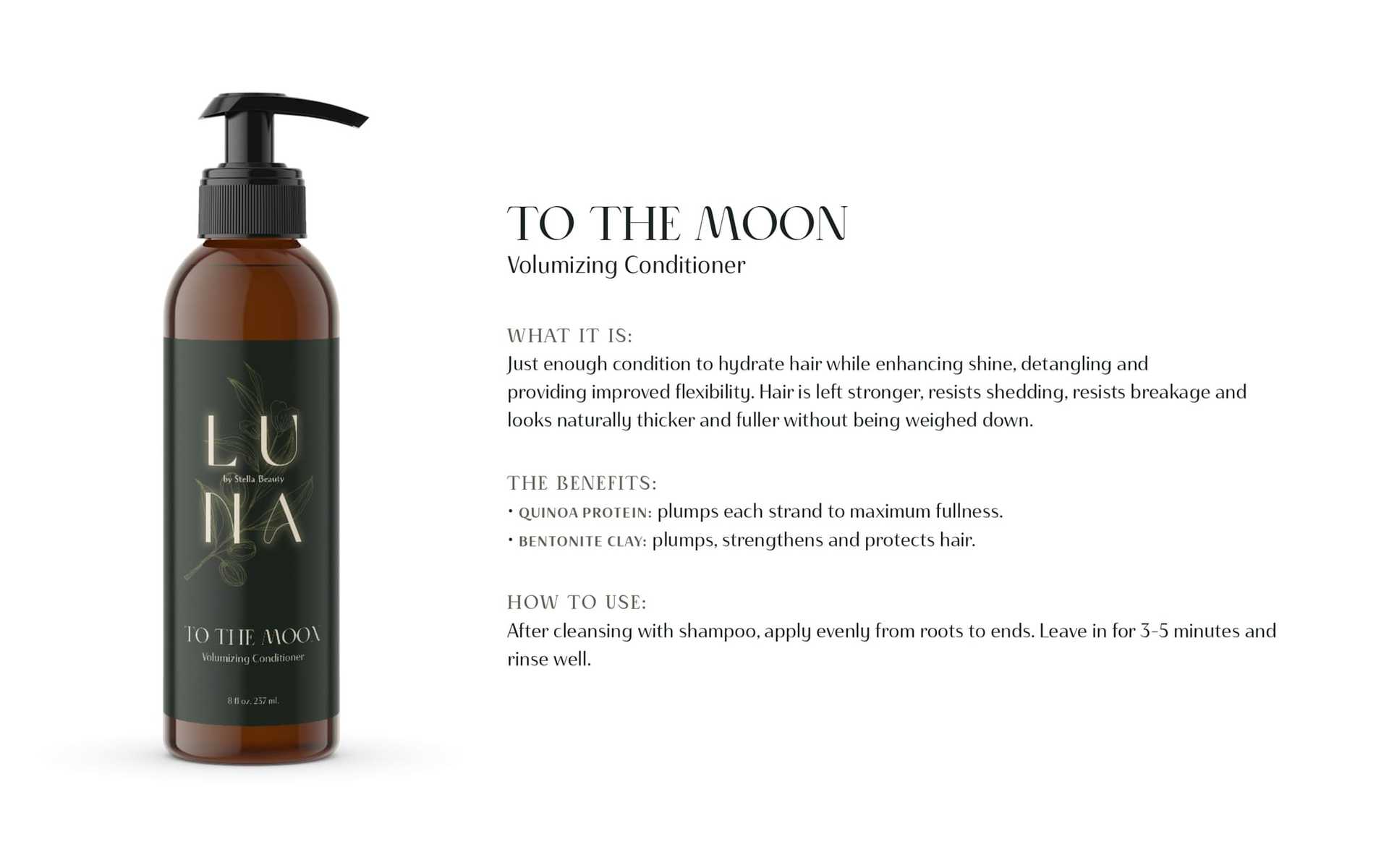 Luna Volumizing Conditioner bottle with description and usage instructions.