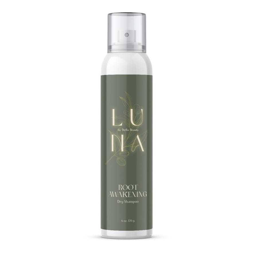 Luna Root Awakening dry shampoo bottle with green label and floral design.