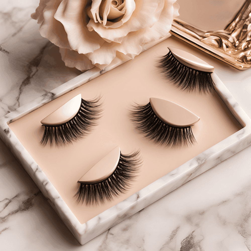 A marble tray displaying elegant false eyelashes next to a cream-colored rose.