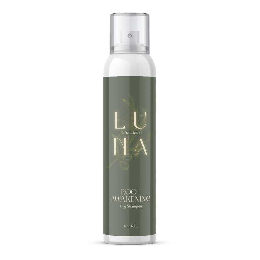 Luna Root Awakening dry shampoo bottle with green label and floral design.