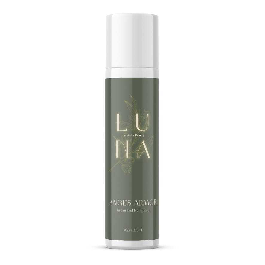 Luna Angie's Armor hair spray in a green bottle, 8.5 oz, by Stella Beauty.