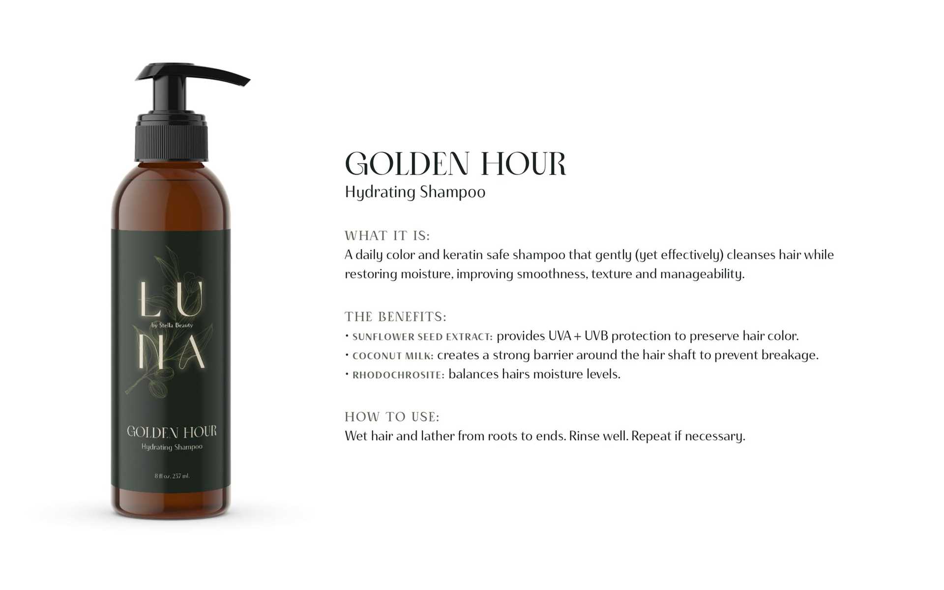 Bottle of "Golden Hour" hydrating shampoo with product details and usage instructions.