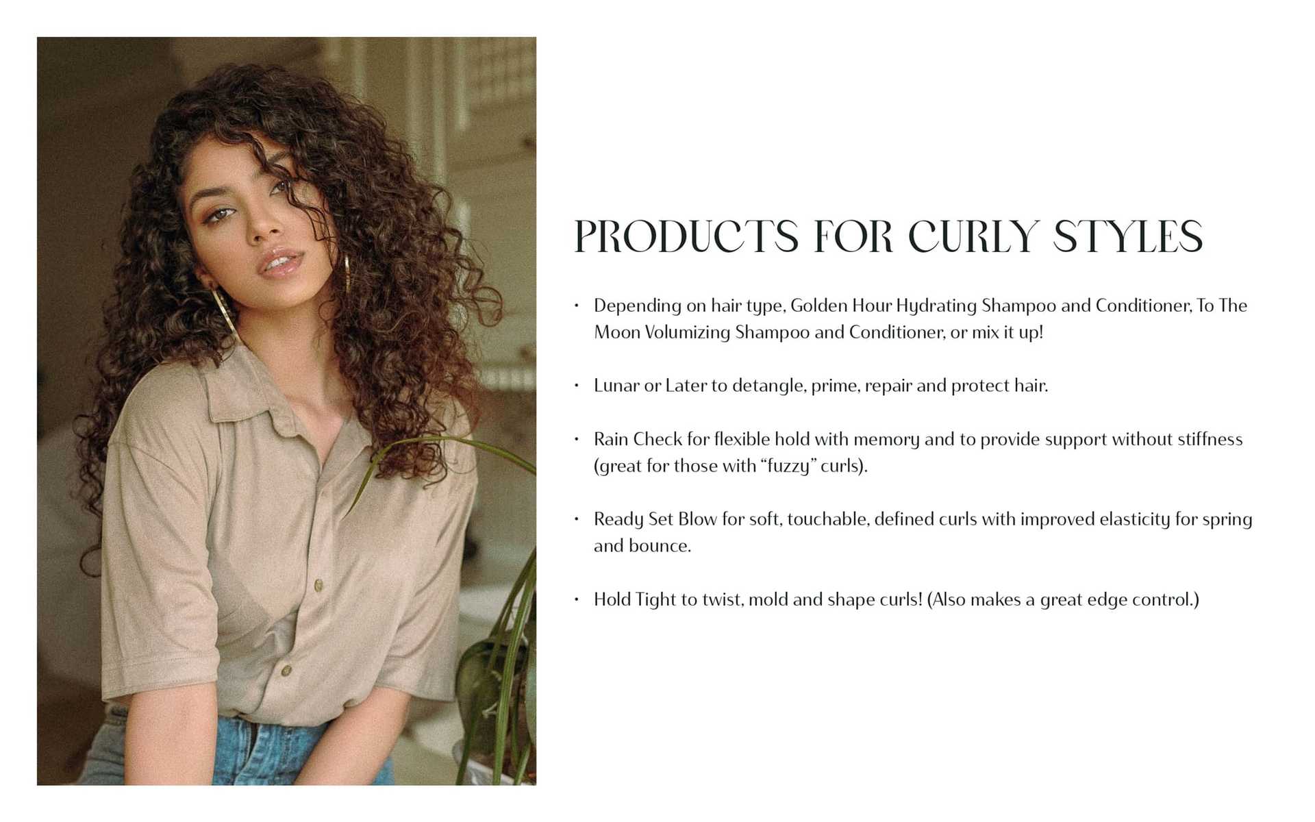 Curly-haired woman with product list for managing and styling curly hair.