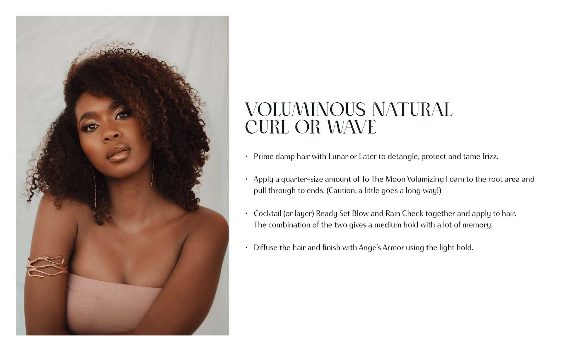 Model with curly hair; text details natural curl hair care routine.