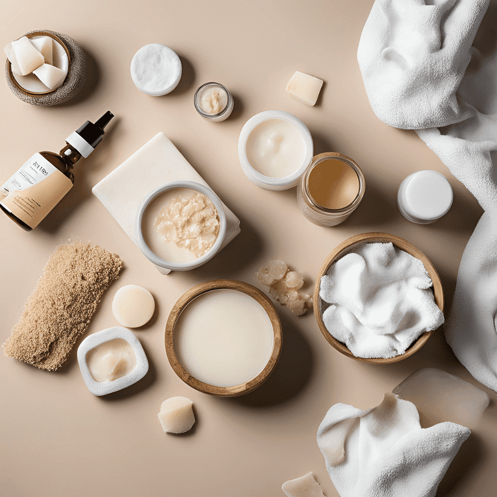 Various skincare products and natural ingredients arranged aesthetically on a neutral background.