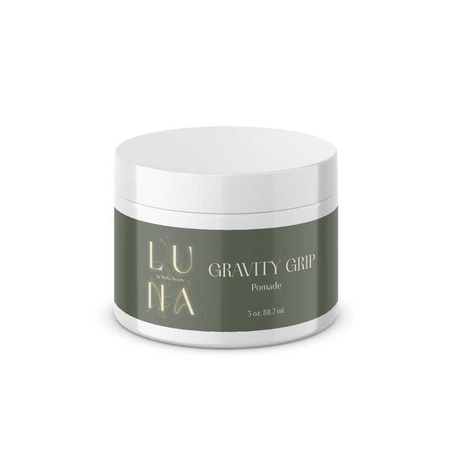 Luna Gravity Grip Pomade in a green and white jar, 3 oz.