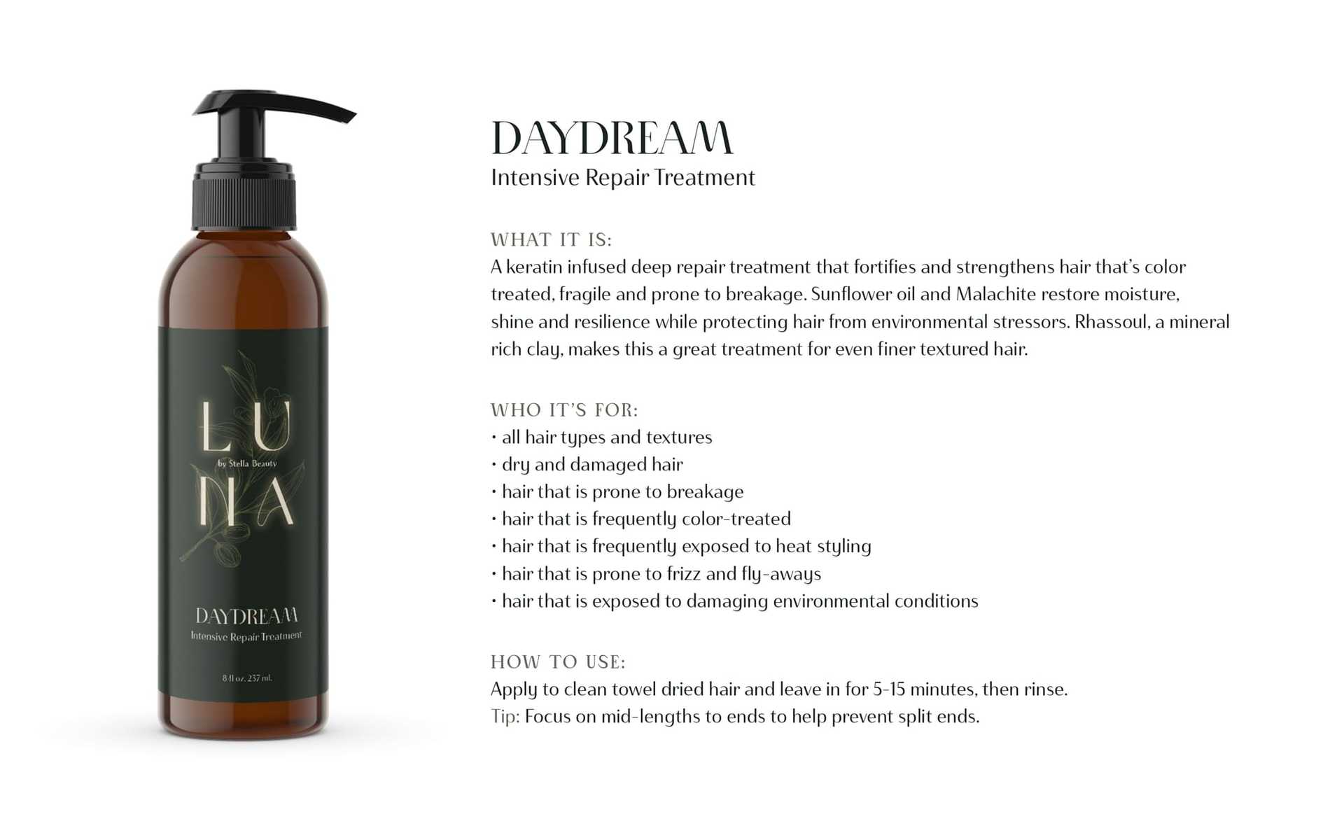 LUNA Daydream Intensive Repair Treatment bottle with usage and benefits details.