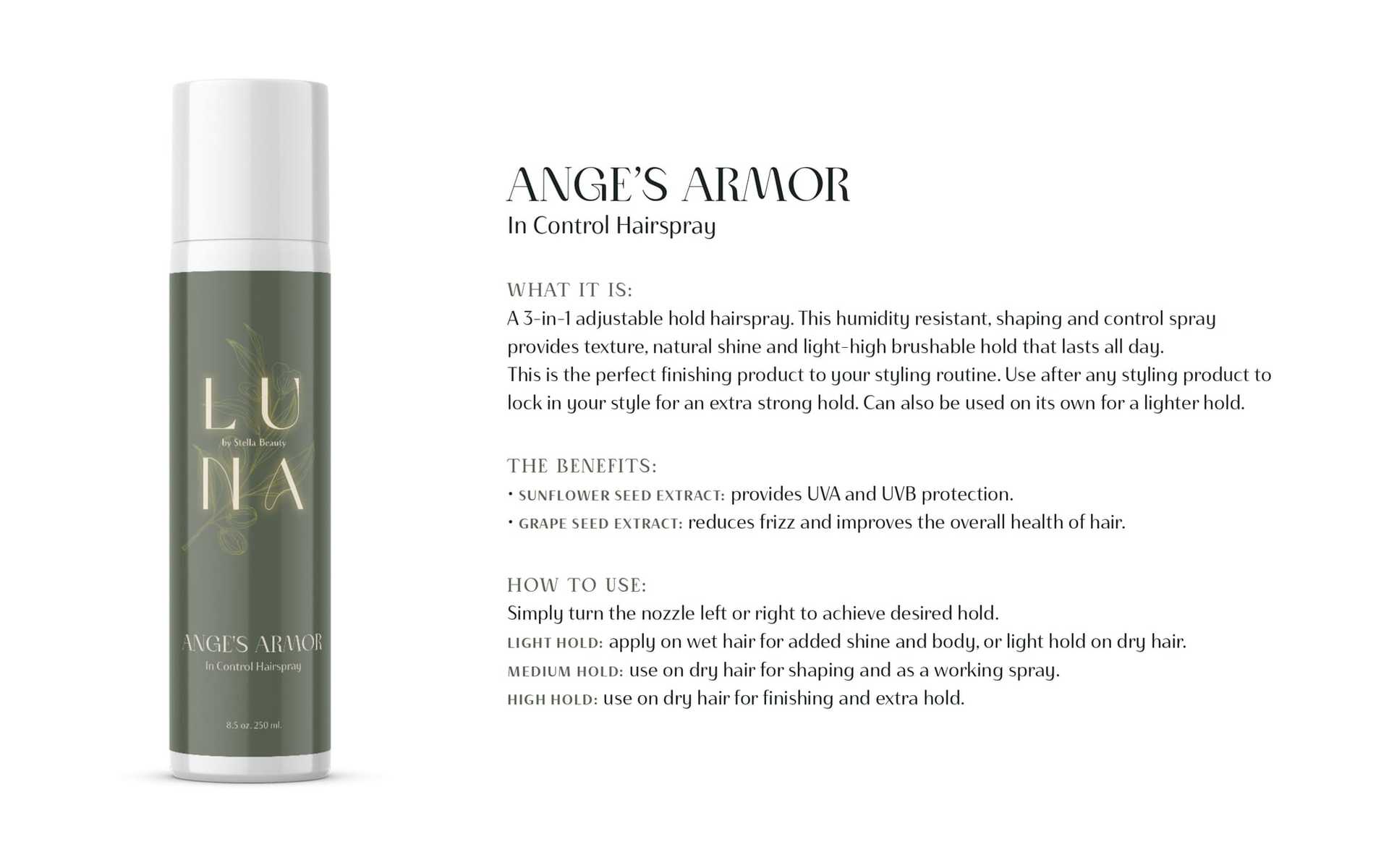 Hairspray can with benefits, usage instructions, and "Ange's Armor" branding detailed.