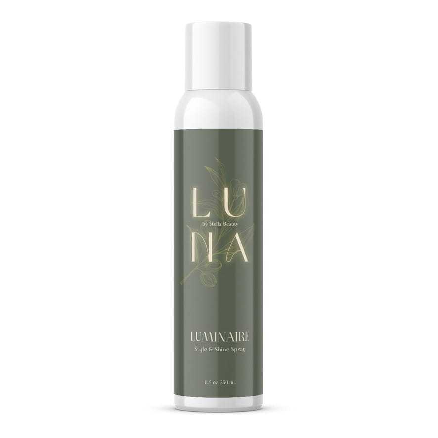 LUNA Style & Shine Spray bottle with elegant green and gold design.