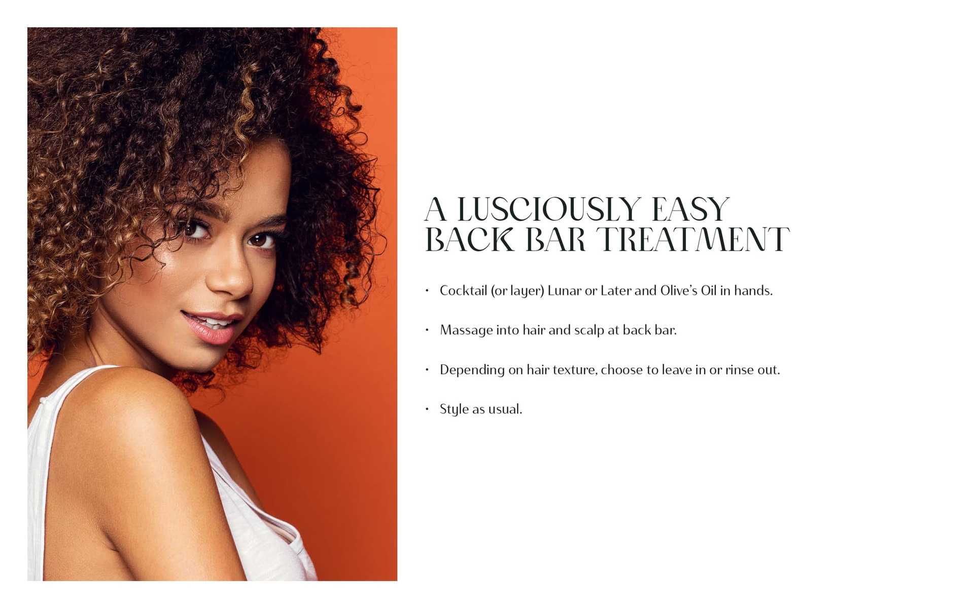 Curly-haired woman smiling beside text on hair treatment instructions.
