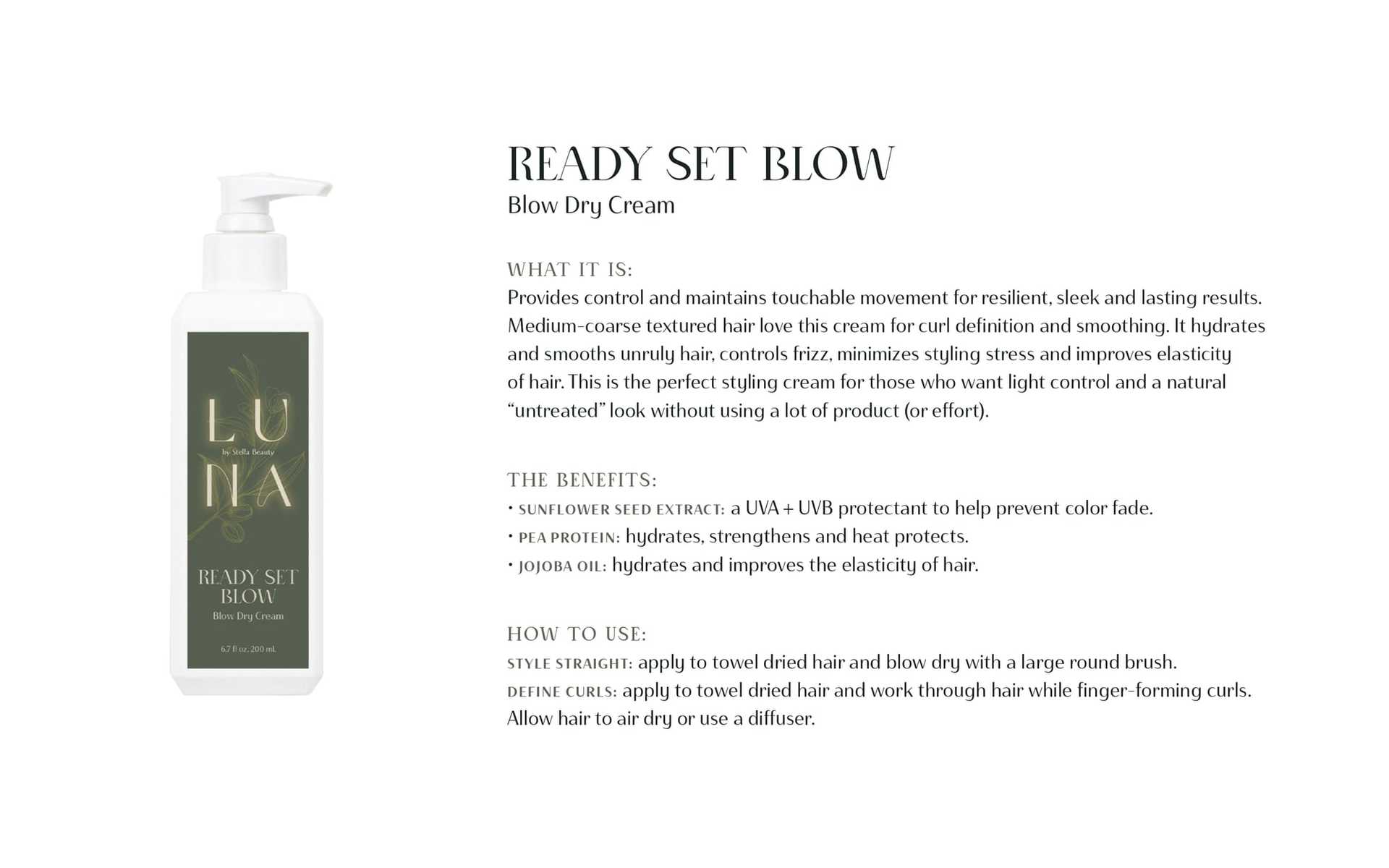 Luna hair cream for hold and shine. Benefits include protection, hydration, and elasticity.