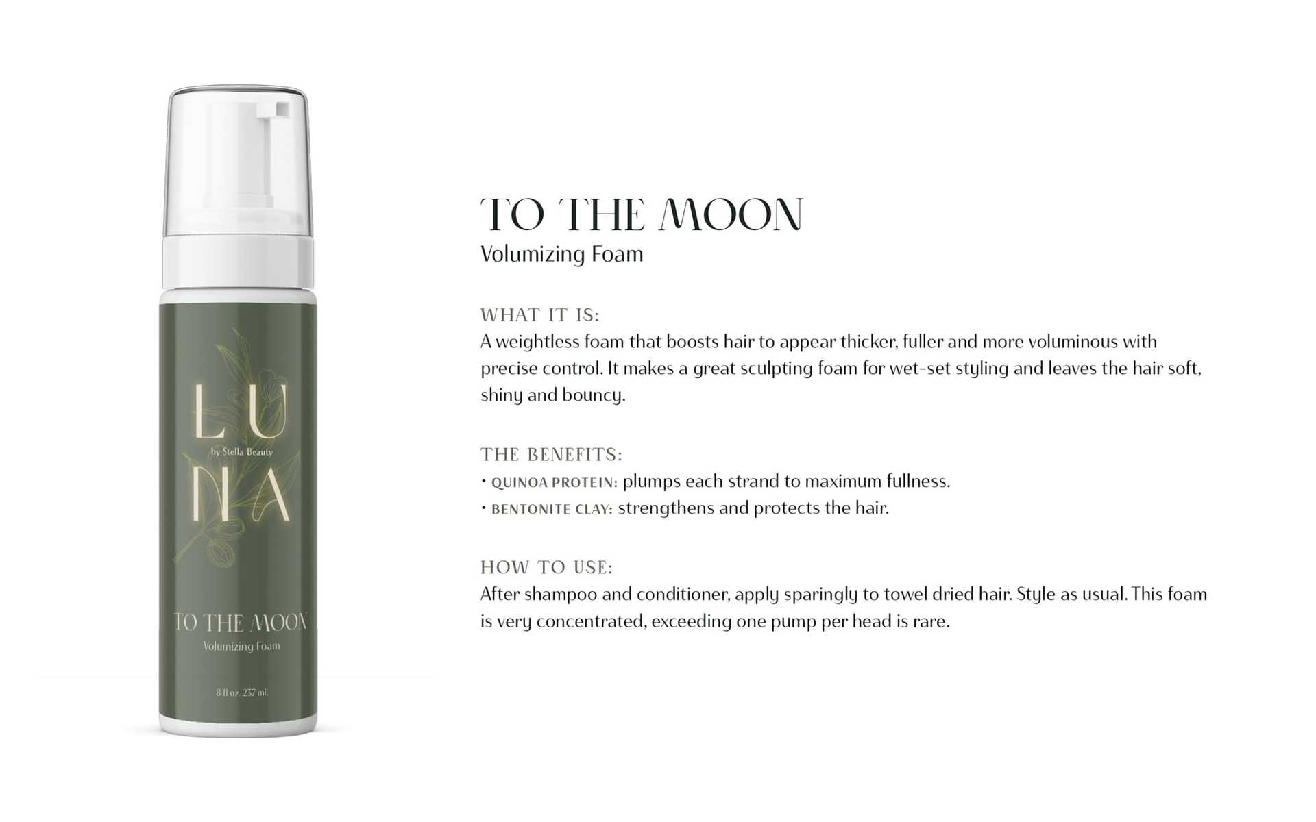 Volumizing foam bottle with text on benefits and usage instructions for fuller, bouncy hair.