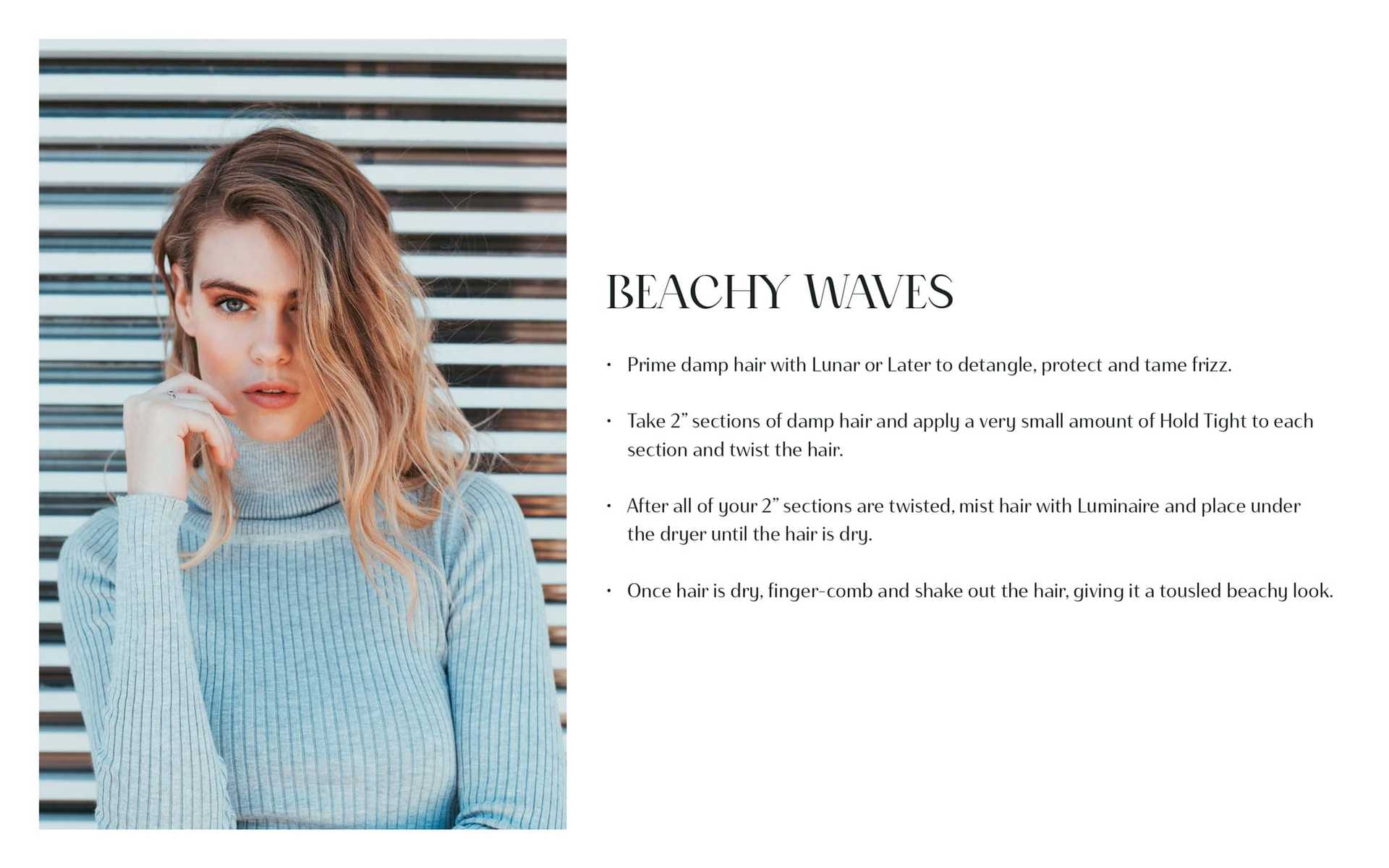 Woman with wavy hair in turtleneck, beside text instructions for creating beachy waves hairstyle.
