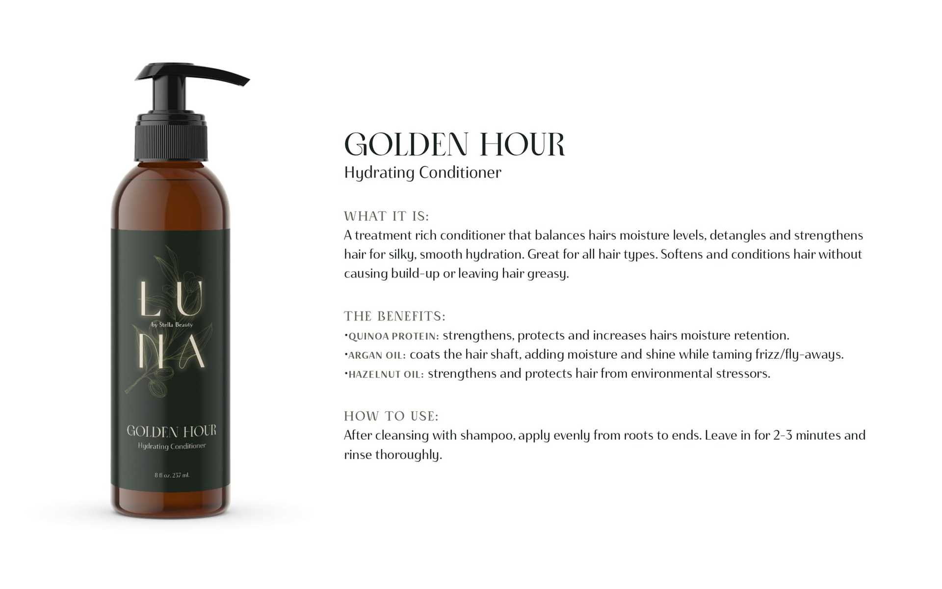 Hydrating conditioner bottle with product details and benefits listed beside it.
