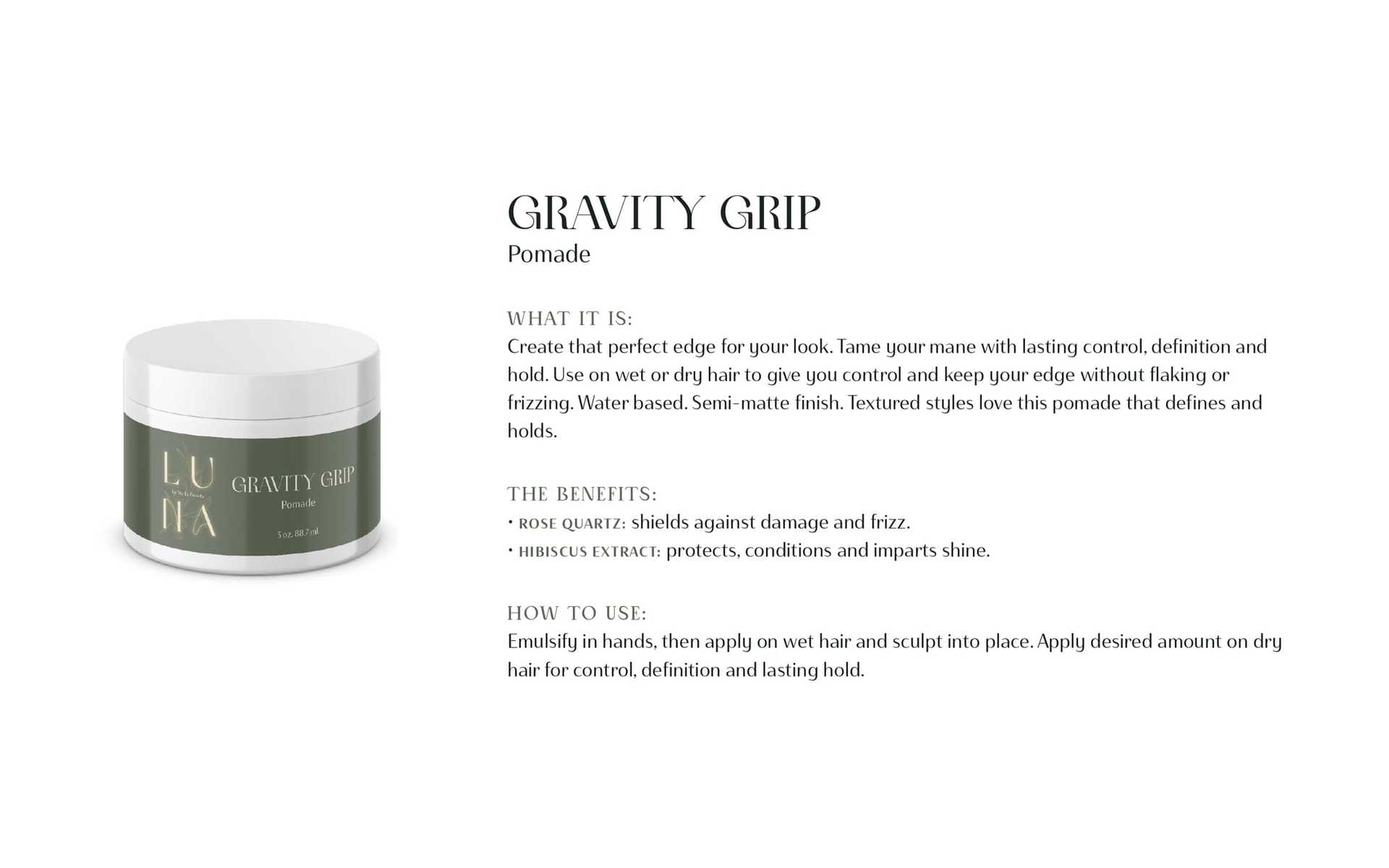 Pomade product named Gravity Grip with benefits and usage instructions.