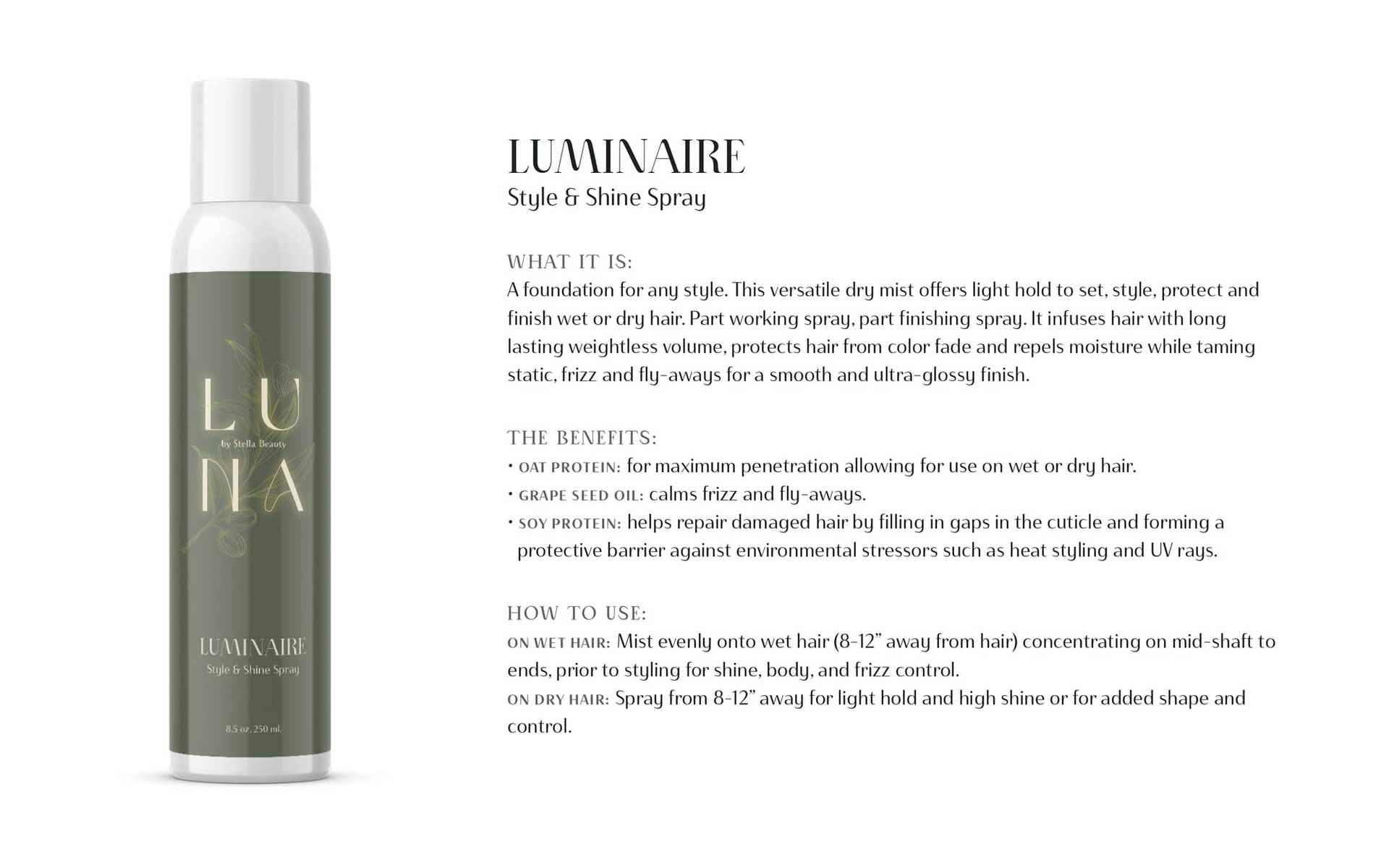Luminaire Style & Shine Spray bottle with usage instructions and benefits listed.