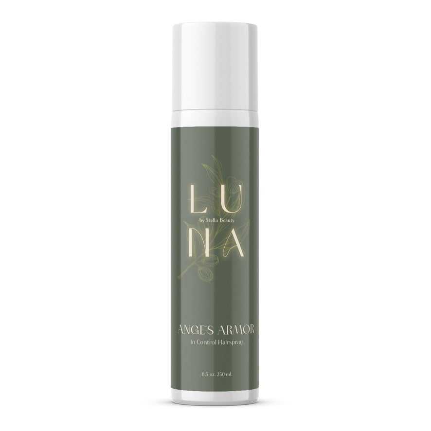 Luna Angie's Armor hair spray in a green bottle, 8.5 oz, by Stella Beauty.
