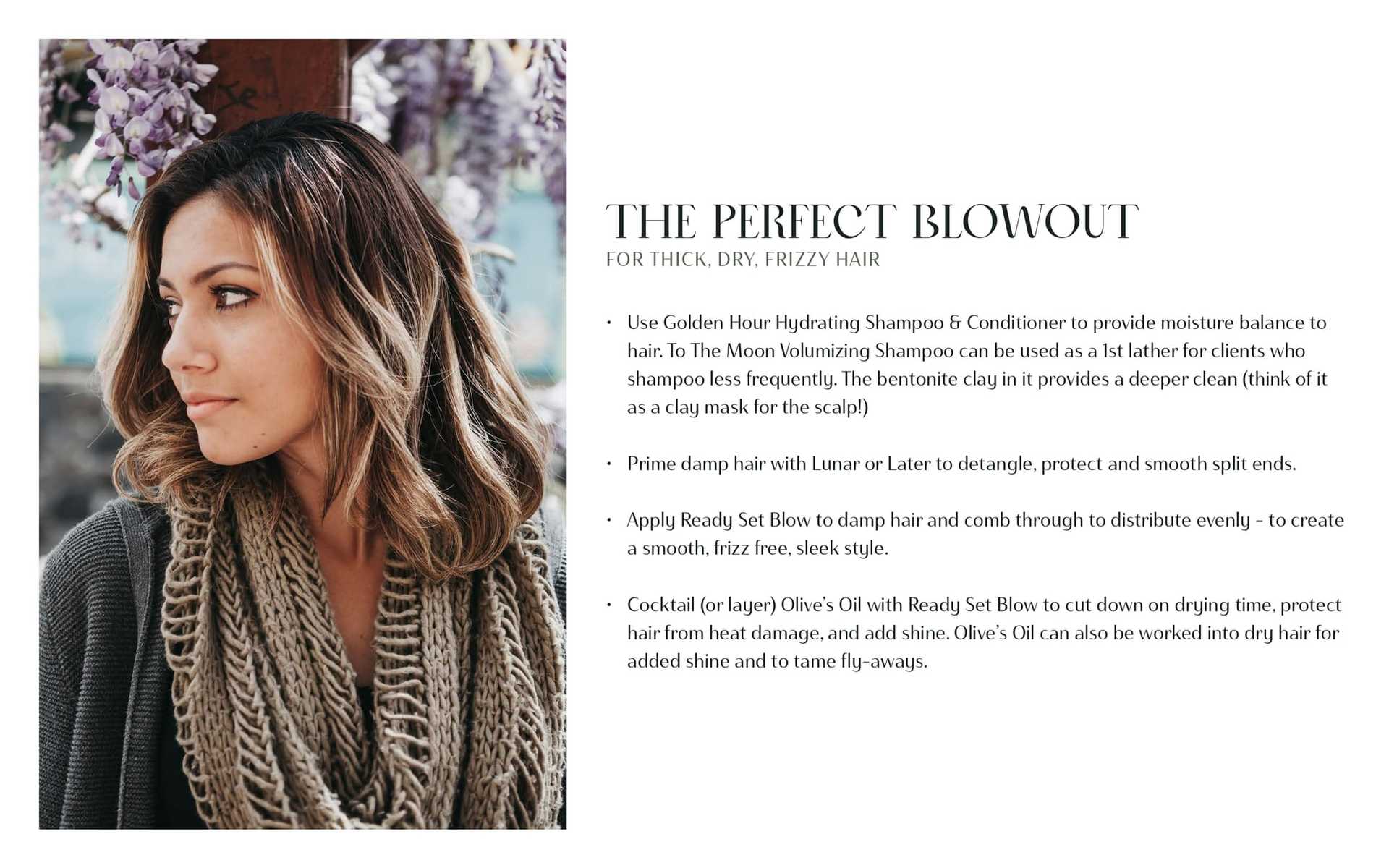 Woman with styled hair and text about achieving a perfect blowout for thick, dry, frizzy hair.