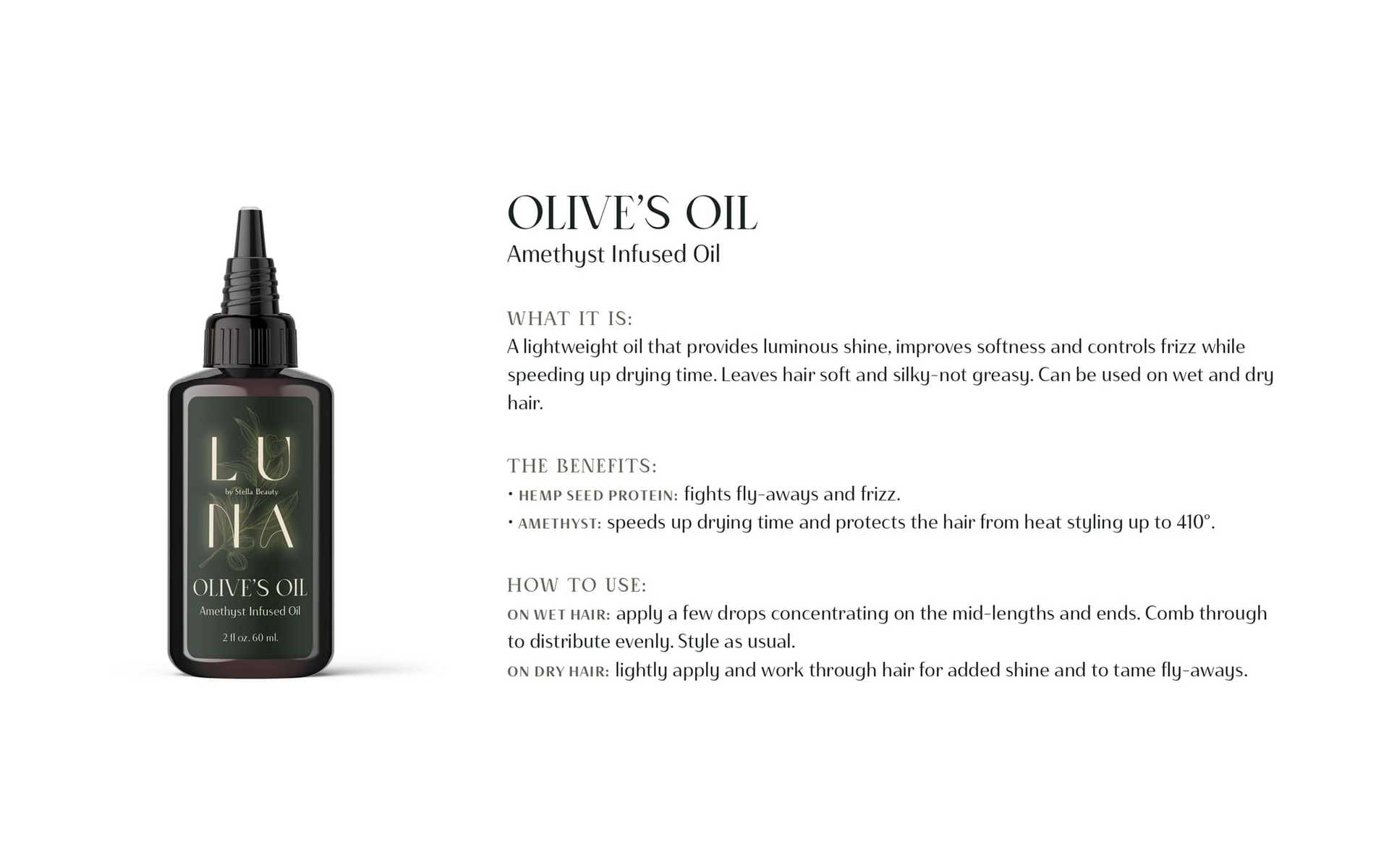 Olive's Oil bottle with description of amethyst-infused hair benefits and usage instructions.