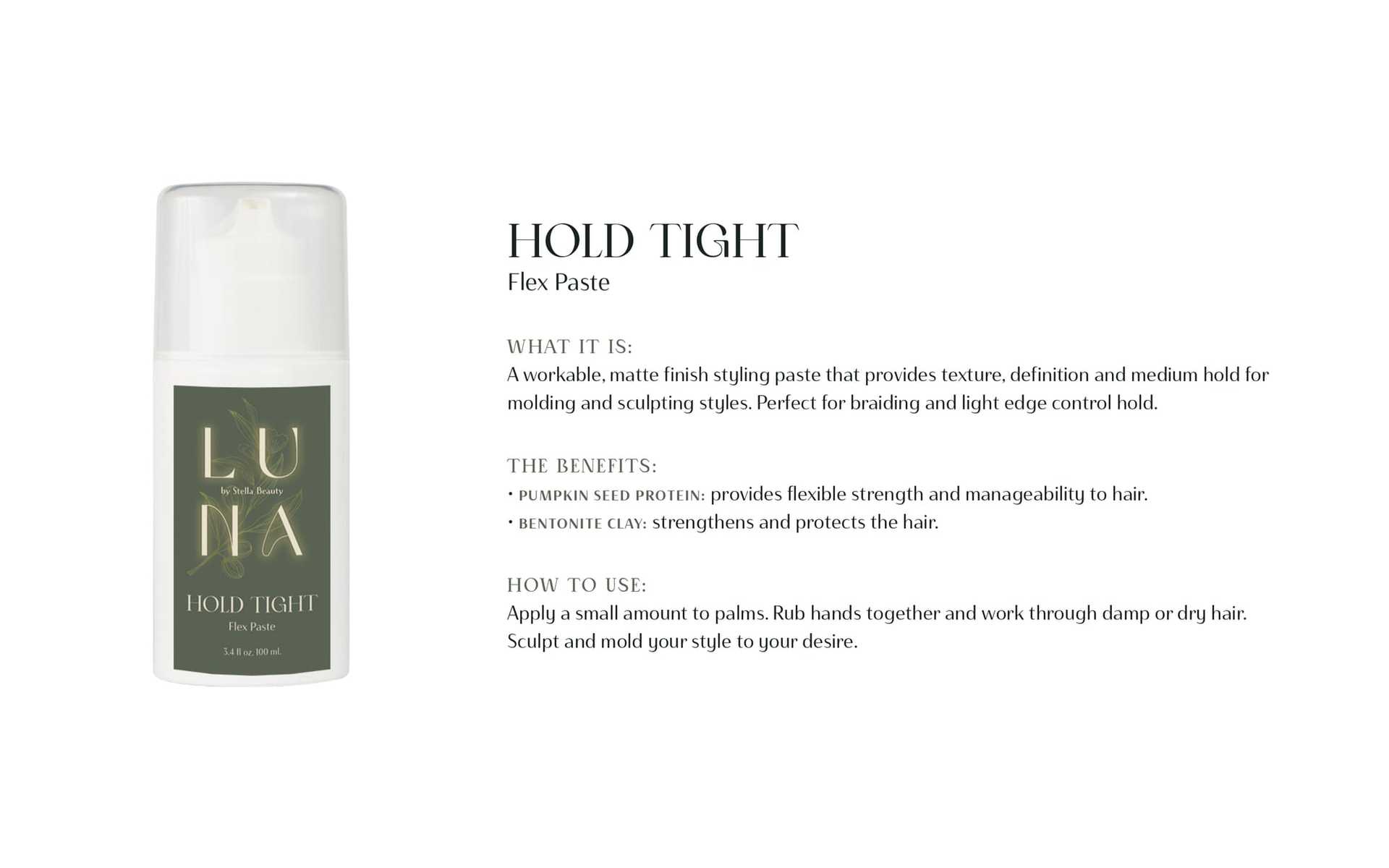 Hold Tight Flex Paste: Styling product for texture, definition, and hold. Enhances and protects hair.