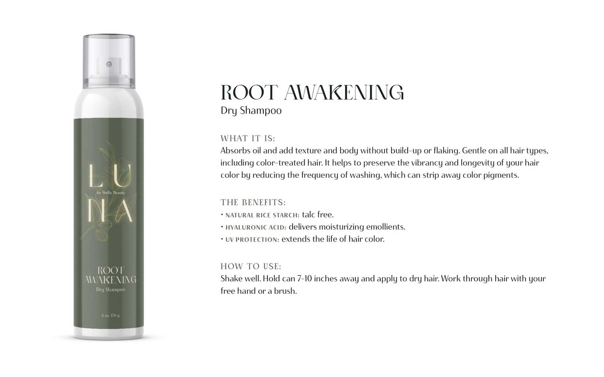 Dry shampoo bottle with product benefits and usage instructions.