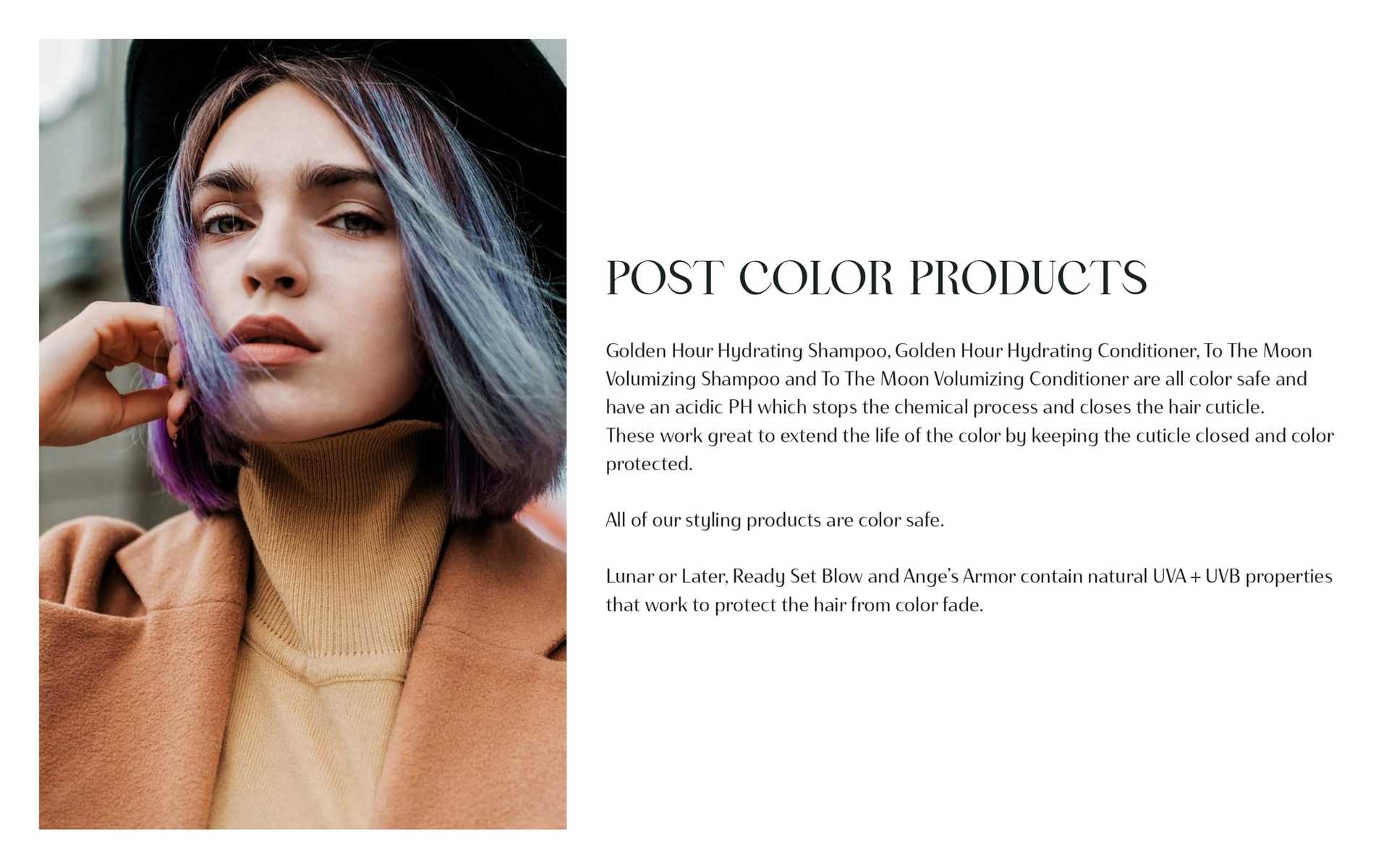 Young person with colorful hair next to text about post-color hair products and their benefits.