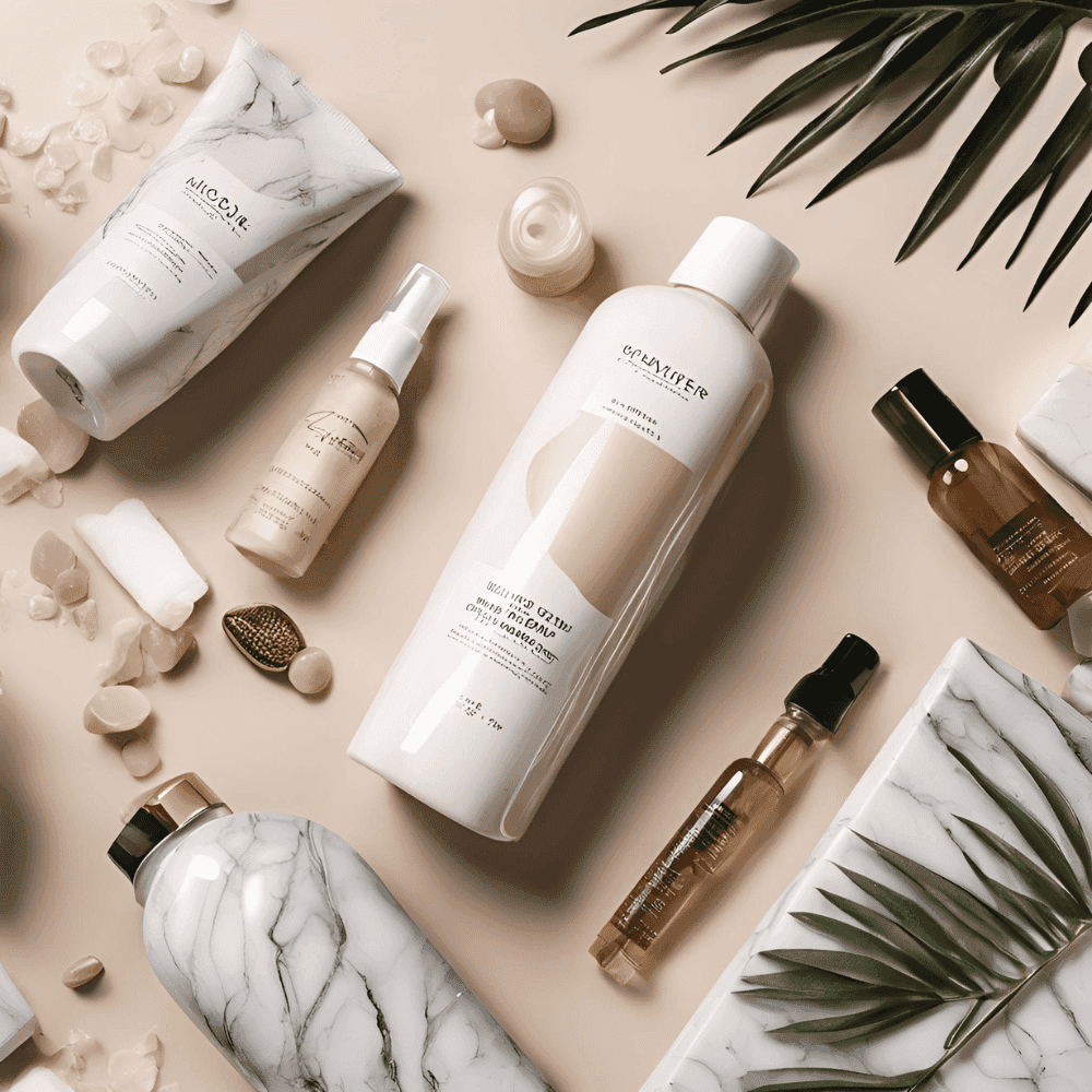 Flat lay of skincare and beauty products with a marble and palm leaf theme on a beige background.
