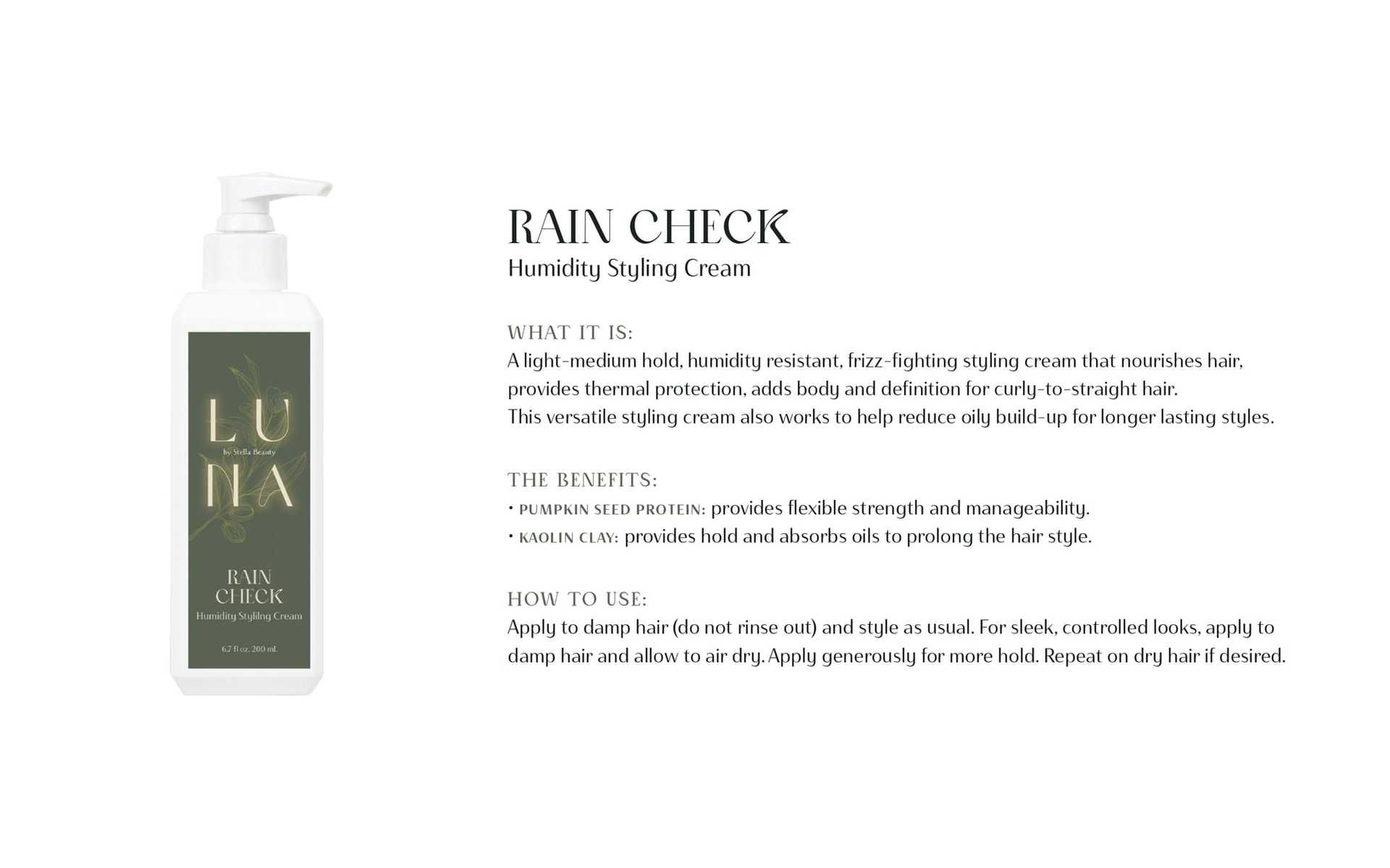 Rain Check: Humidity Styling Cream bottle with product details and usage instructions.